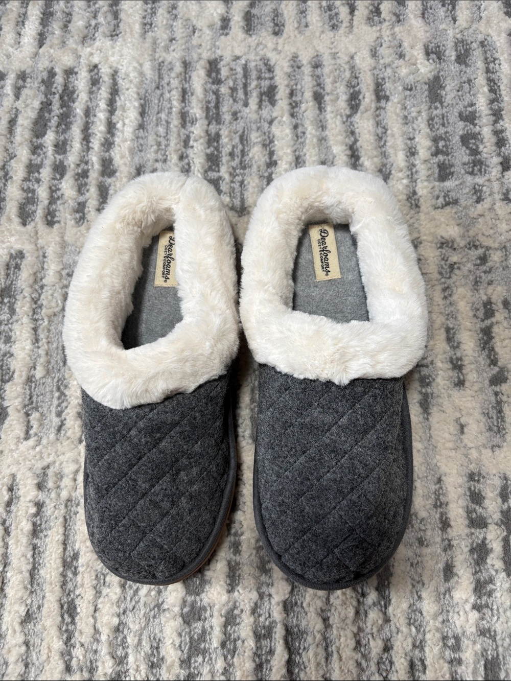 Women’s Dearfoams Quilted Gray Slippers-Cream Faux-Fur Collar-XL (11/12)